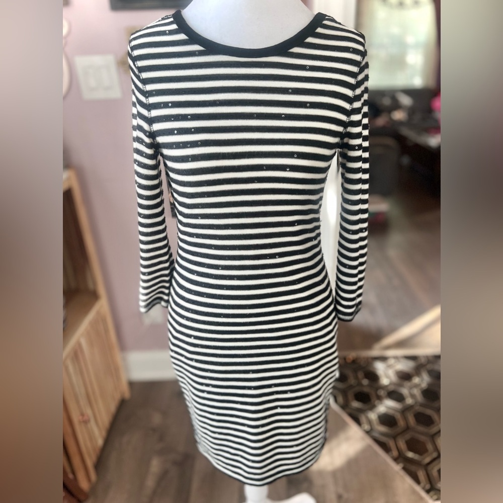 Express Black and White Long Sleeve Sequin Dress